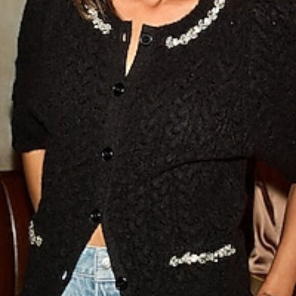 NEW Express Women Pitch Black Embellished Cable Knit Short Sleeve Crop Cardigan - Picture 2 of 5